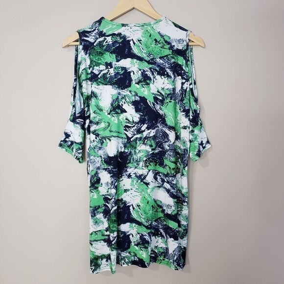 Marble Short Sleeve Oversized Cold Shoulder Green Blue Tunic Top Small XSmall - Picture 5 of 12